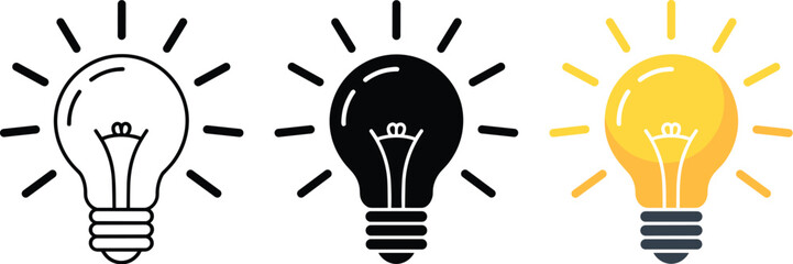 Set of light bulb icons concept as line drawing black silhouette and glowing yellow symbol for creative idea generation or innovation in business and education for website or presentation vector illus