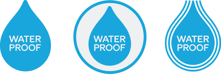 Blue Water Drop Icons Set Representing Waterproof Protection and Resistance for Product Packaging and Marketing Material for Construction Textile Chemical and Clothing Industries Technology and Durabi