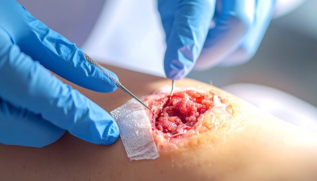 Medical illustration depicting the intricate process of wound debridement, showcasing the removal of necrotic tissue with surgical instruments for optimal healing