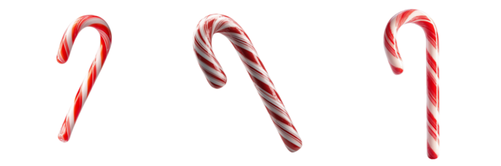 Three red and white striped candy canes arranged in a row isolated on a transparent background