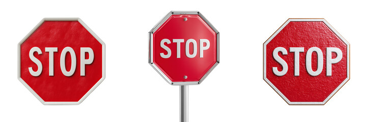 Obraz premium Three red octagonal stop signs with white lettering isolated on a transparent background