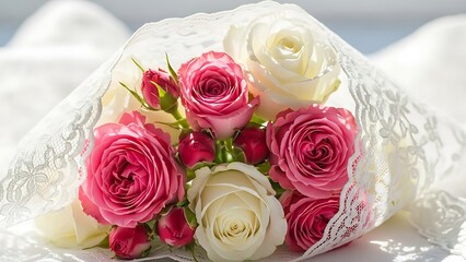 Obraz premium Romantic bouquet of pink and white roses wrapped in lace on white fabric background with soft lighting