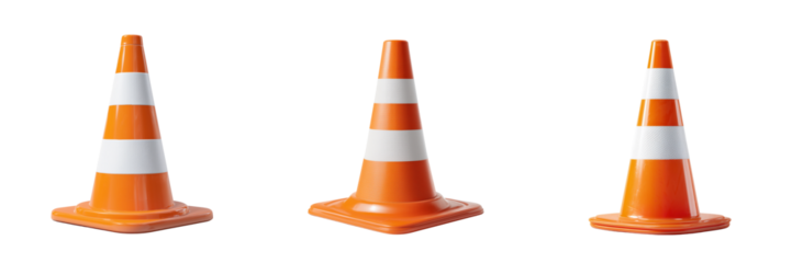 Three orange and white traffic cones arranged in a row isolated on a transparent background