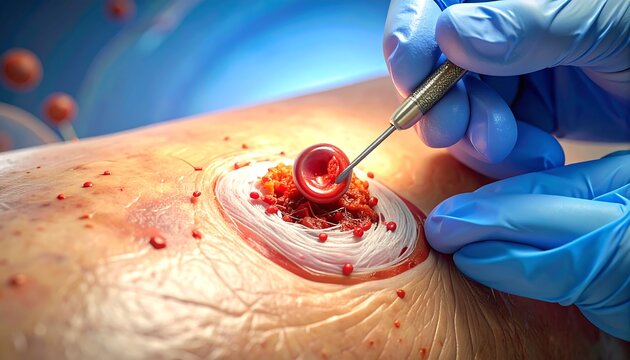 Medical illustration of a wound debridement procedure, showcasing precision and care in sterile medical environment