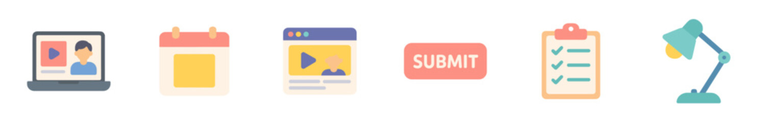 Online education and learning icons set featuring a laptop, calendar, web page, submit button, checklist, and desk lamp for various digital concepts.