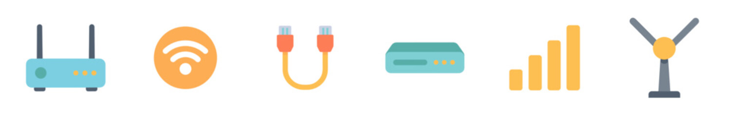 Network and internet connectivity icons set with various symbols representing wireless communication, data transfer, and signal strength for modern digital technology.