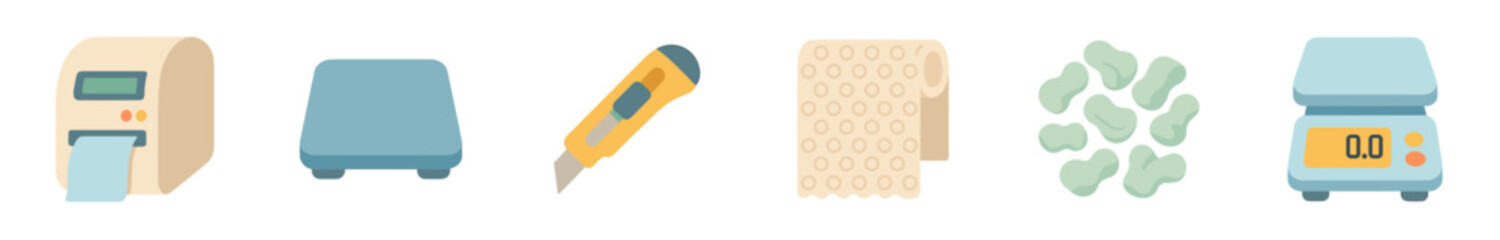 Collection of essential everyday objects and tools, such as a receipt printer, utility knife, and digital scale, rendered in a clean flat design.