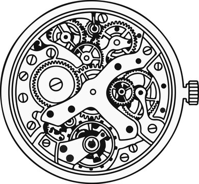 Intricate mechanical watch movement detailed with gears, springs, and levers, drawn in black and white