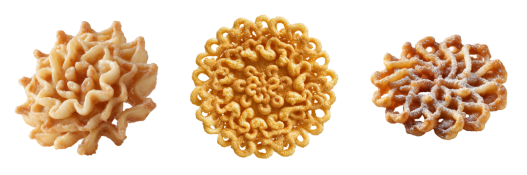 Three golden fried rosette cookies with intricate patterns and powdered sugar dusting isolated on a transparent background - Powered by Adobe