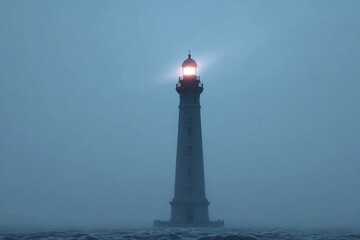 Light shines from the tall lighthouse at night in fog