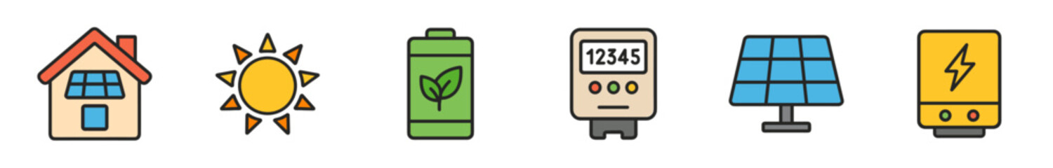 Renewable energy icons set illustrating various eco-friendly power sources and home electricity management systems for a sustainable future.