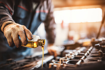 A mechanic pours oil into an engine, showcasing hands-on work and maintenance in an automotive setting with a warm, blurred background.