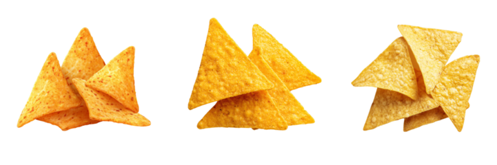 Piles of golden corn tortilla chips with textured surfaces isolated on a transparent background nachos