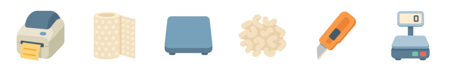 Essential shipping and packaging supplies for e-commerce and logistics operations, including a label printer, roll of labels, box, packing peanuts, utility knife, and scale.