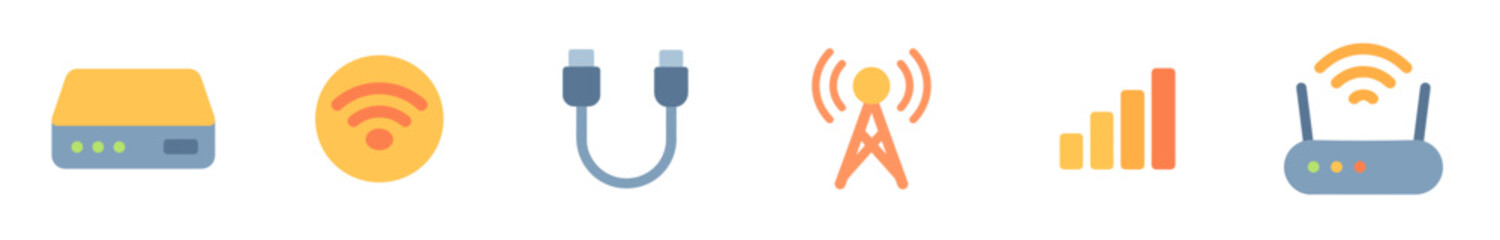 Network connectivity icons representing various digital communication technologies and internet infrastructure elements in a modern flat design style.