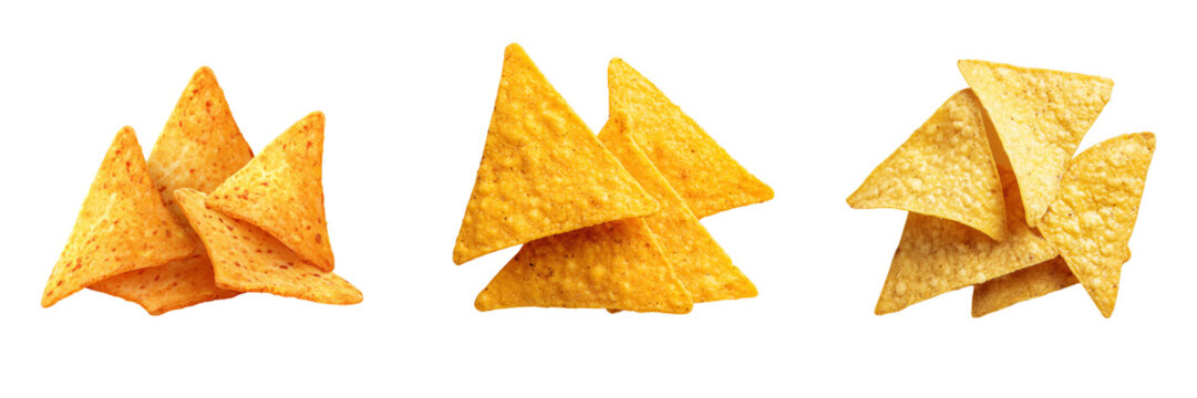 Piles of golden corn tortilla chips with textured surfaces isolated on a transparent background nachos