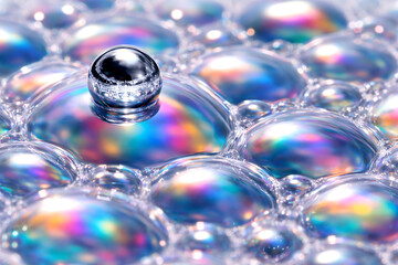 Fototapeta premium Vibrant iridescent bubbles floating in shimmering rainbow light