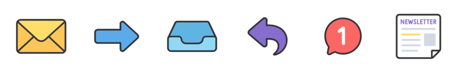 Email and communication icons representing digital messaging, inbox management, sending, replying, and receiving notifications or newsletters.