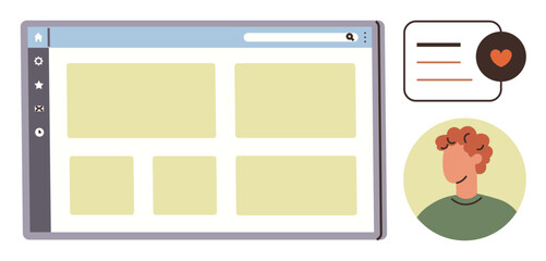 Web design, UI layout, digital services, user experience, online interaction, feedback systems. Browser window with layout boxes, profile avatar and heart icon. Web design and user experience
