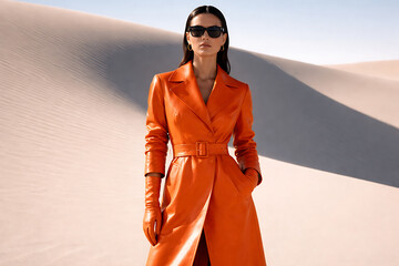 Stunning woman in vibrant orange leather trench coat standing in desert