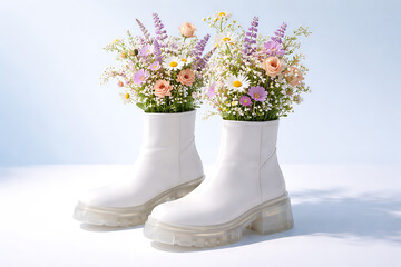 Creative white boots filled with colorful spring flowers