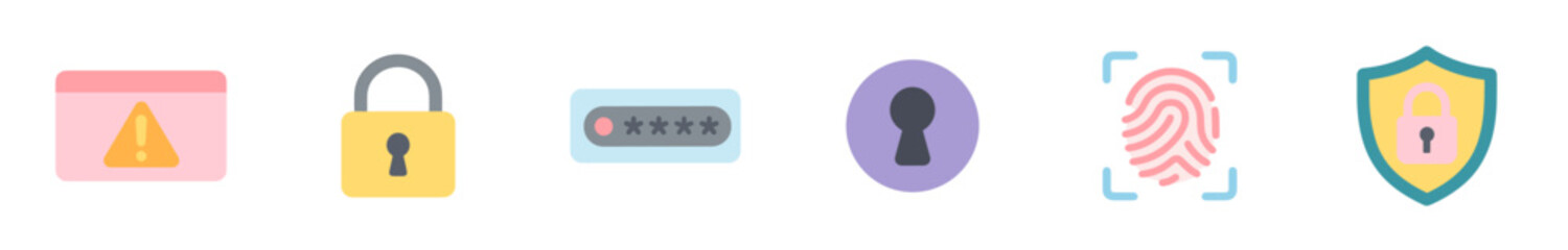 Security privacy access protection digital data icons illustrating various concepts like warnings, passwords, biometrics, and overall system safety.