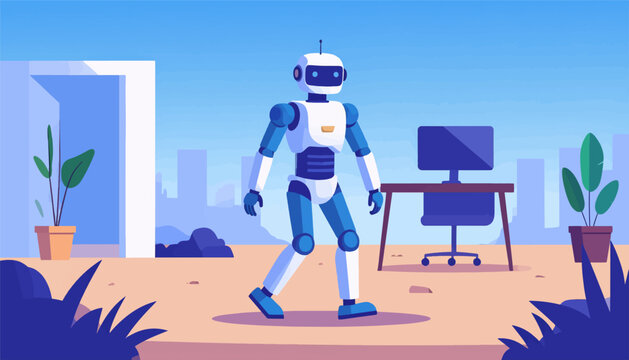 Futuristic robot walks through an office with plants and a desk setup