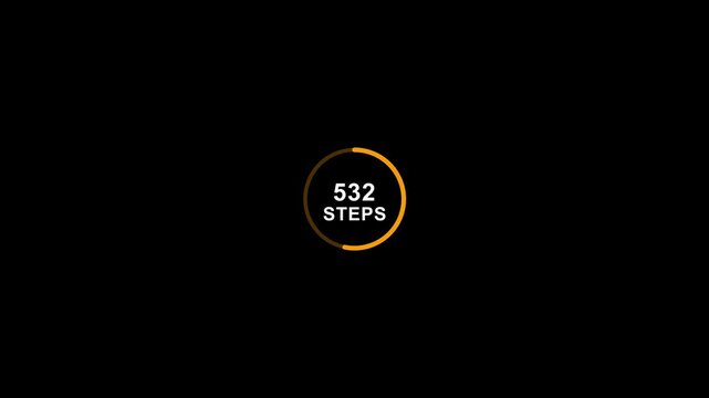 Abstract displaying one thousands count steps animation. White text and orange color circle steps counting progress bar on black background.