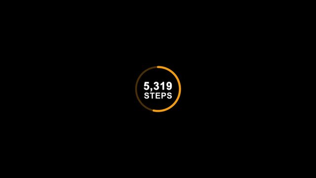 Abstract displaying six thousands count steps animation. White text and orange color circle steps counting progress bar on black background.