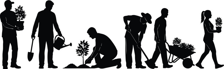 Set of silhouettes of people gardening and planting trees, gardeners with shovel and watering can, wheelbarrow, reforestation, community, ecological, © MstHafiza