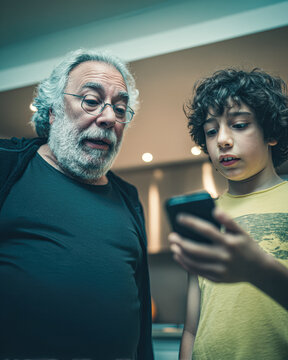 A grandfather and grandson share a moment, both captivated by a smartphone, highlighting the bond across generations.