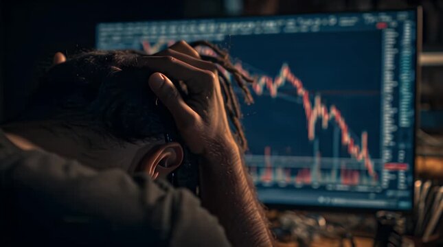 A man sits in front of a computer displaying a declining graph on the screen with a worried expression