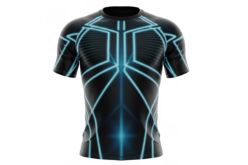 Black t-shirt with blue neon blue neon lines glowing isolated on a transparent background