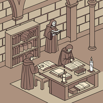 Medieval monks studying in a scriptorium with books and candles
