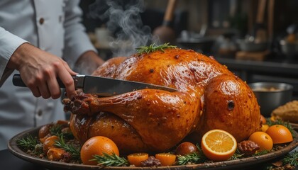 Macro shot of hands carving a succulent, golden-brown roasted turkey garnished with herbs and citrus on a festive platter.