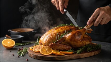 Macro shot of hands carving a succulent, golden-brown roasted turkey garnished with herbs and citrus on a festive platter.