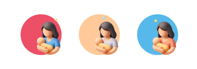 Mom with baby, 3D set of cute minimalistic images on round labels. For concepts of motherhood, newborns, mother's day, love, care. Vector illustration.
