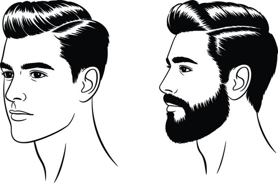 Men with stylish haircuts and grooming collection, clean shaven and bearded male character portrait vector