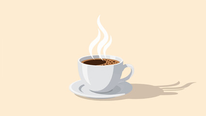 Obraz premium Hot coffee in a white cup with steam rising, casting a shadow
