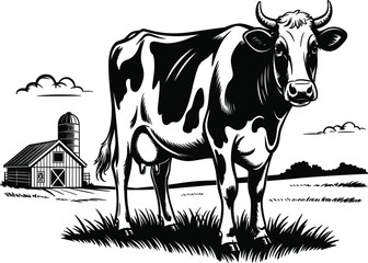 Vintage dairy cow in farm pasture sketch, black and white barn with silo vector illustration © Al