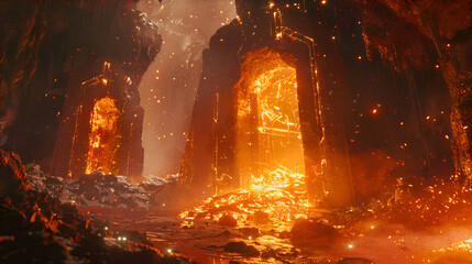 Mystical celestial forge amidst glowing runes in volcanic cavern