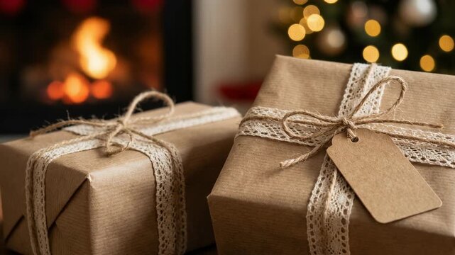 Beautifully wrapped Christmas gifts by the fireplace with bokeh lights in the background