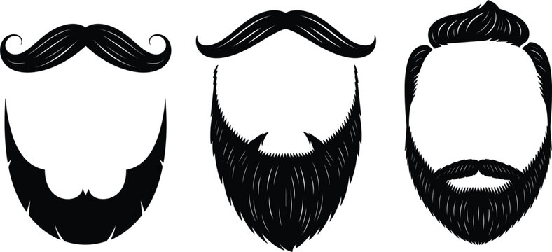 Set of vintage bearded man silhouettes, diverse facial hair styles including mustache and full beard