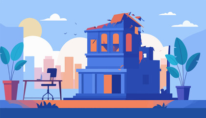 Naklejka premium Flat design illustration of a dilapidated blue building with plants and city skyline