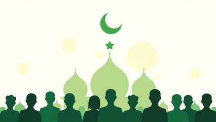 Islamic Community Gathering with Crescent Moon Illustration