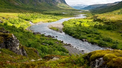 Obraz premium A winding river flows through a lush green valley surrounded by mountains and moss-covered rocks.