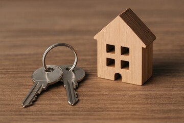 Homeownership symbol: keys next to a wooden house model, representing real estate and property.