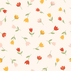 Seamless Pattern With Cute Spring Flowers In Pastel Delicate Colors. Cartoon Primroses for the design of Easter textiles, postcards, posters, flyers