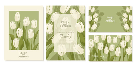 Templates for Spring Wedding Invitations With White Tulips On A Green Background and thank you cards. Botanical rustic wedding design. Vector