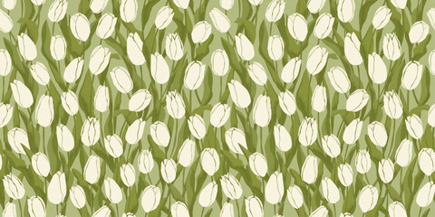 Seamless Botanic Banner Pattern With White Tulips On A Green Background. Spring flowers for card design, postcards, flyers, posters, textiles
